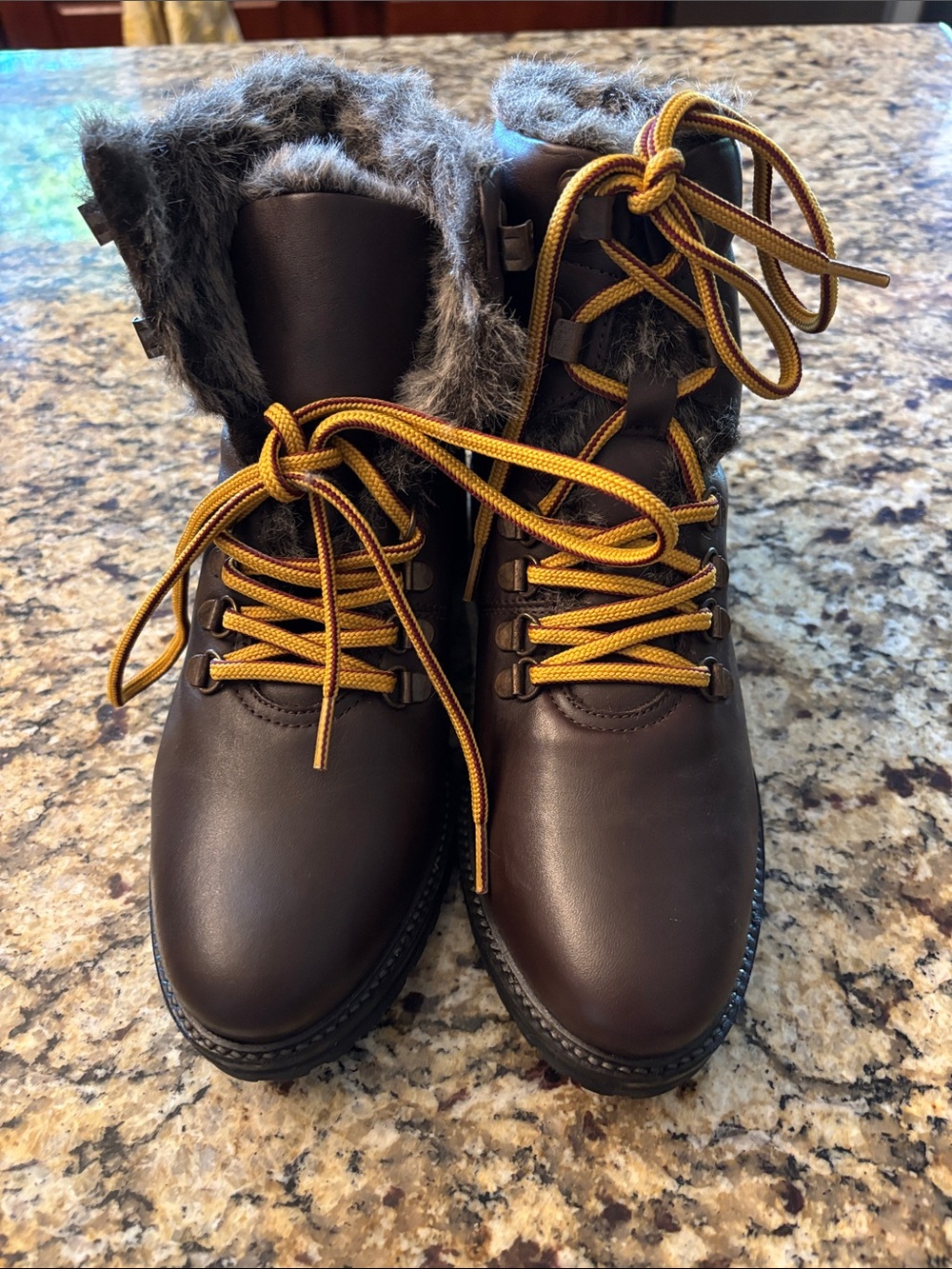 Joules Brown Faux-Fur Trim Lace-Up Boots with Yellow Laces